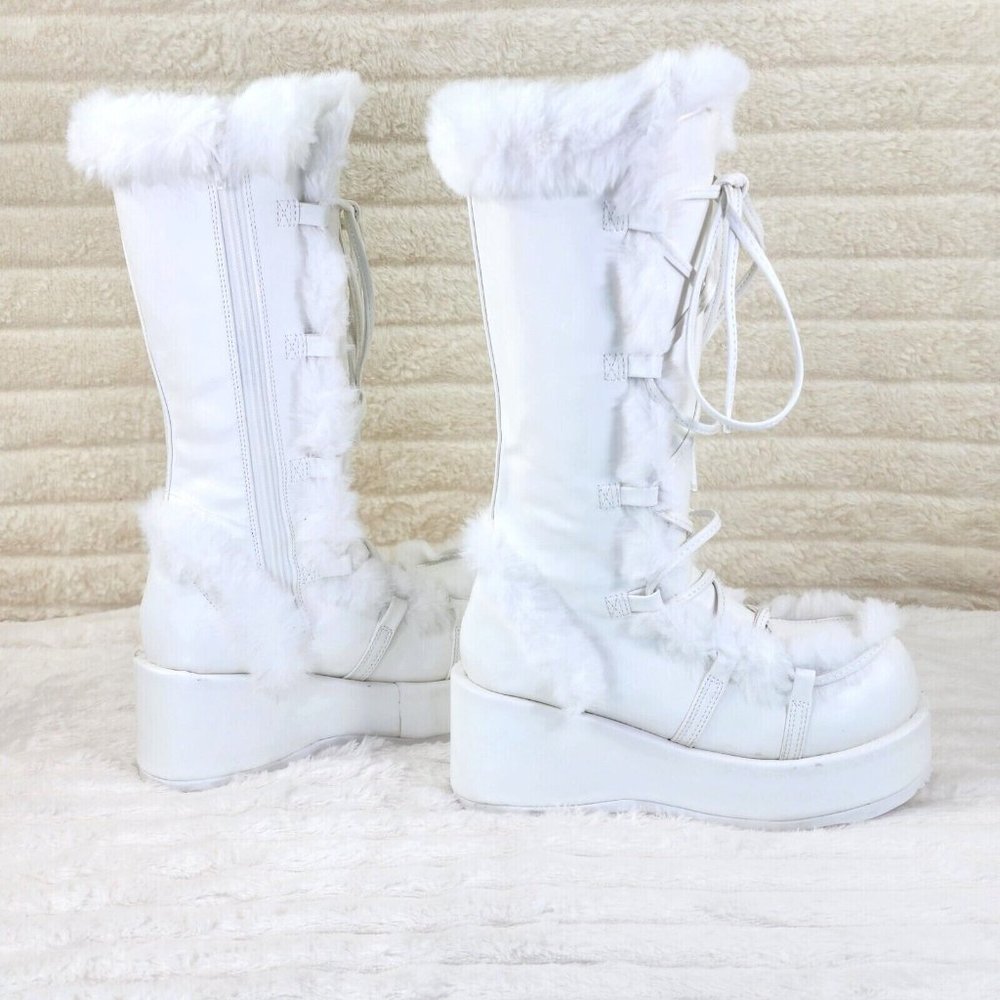 Demonia White Cub 311 Platform Furry Mammoth Stomper Knee Boots